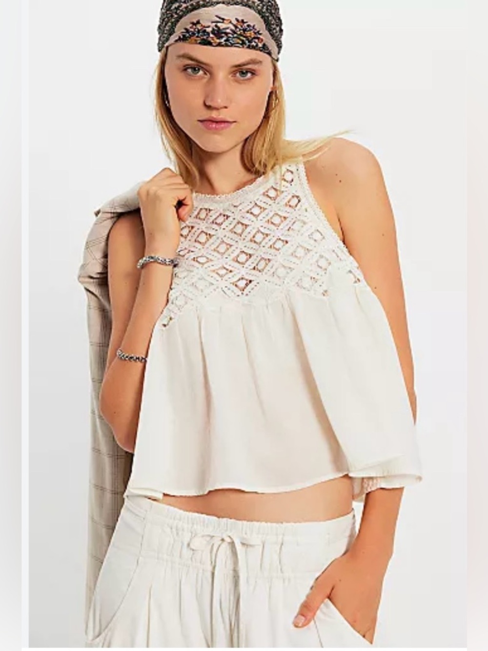 Free People Cream Crochet Yoke Sleeveless Camisole